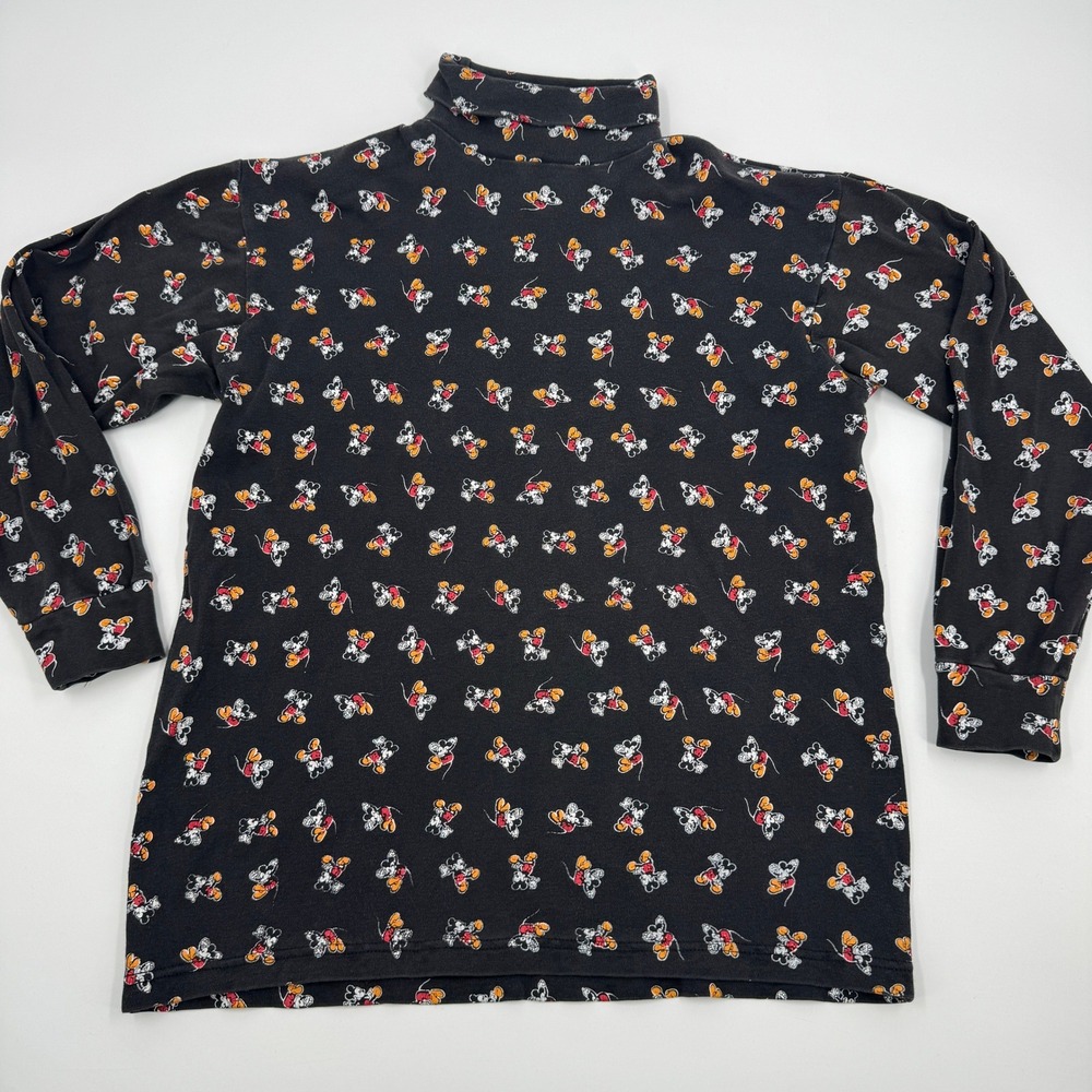 Mickey & Co. Turtleneck Top Womens Large Black Vintage All Over Print Disney 90s